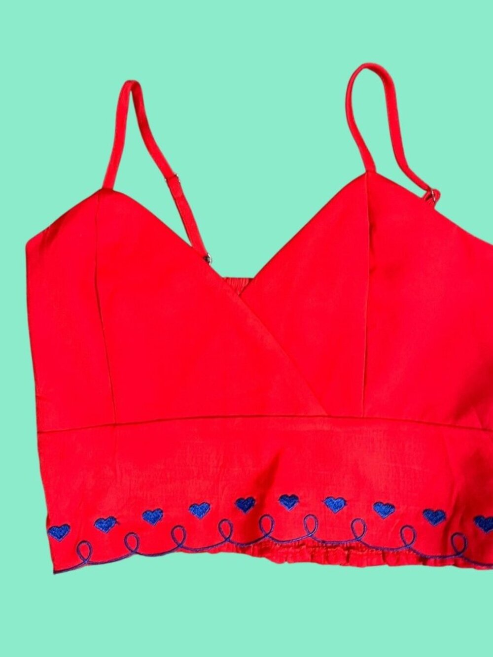 Red Cropped Tank Top With Blue Embroidered Heart Trim & Adjustable Straps